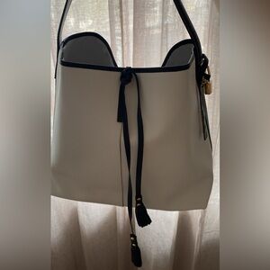 White and Black leather Shoulder Bag with Tassel Drawstring